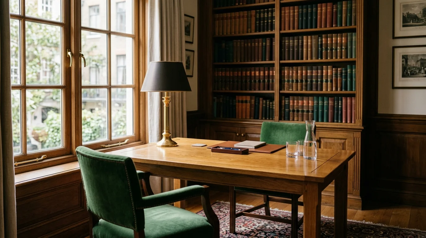 Ruhige Besprechungsecke mit Eichentisch, grünen Sesseln und Bücherregal