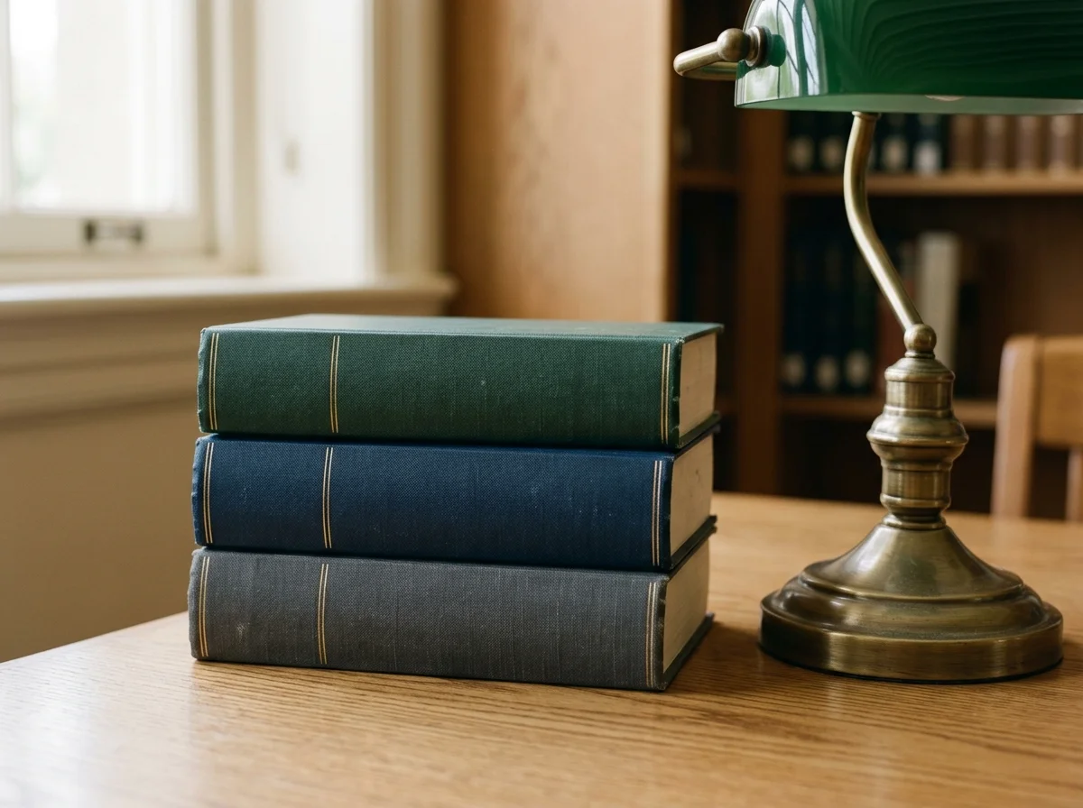 Gebundene Fachbücher auf einem Eichentisch neben einer Messinglampe