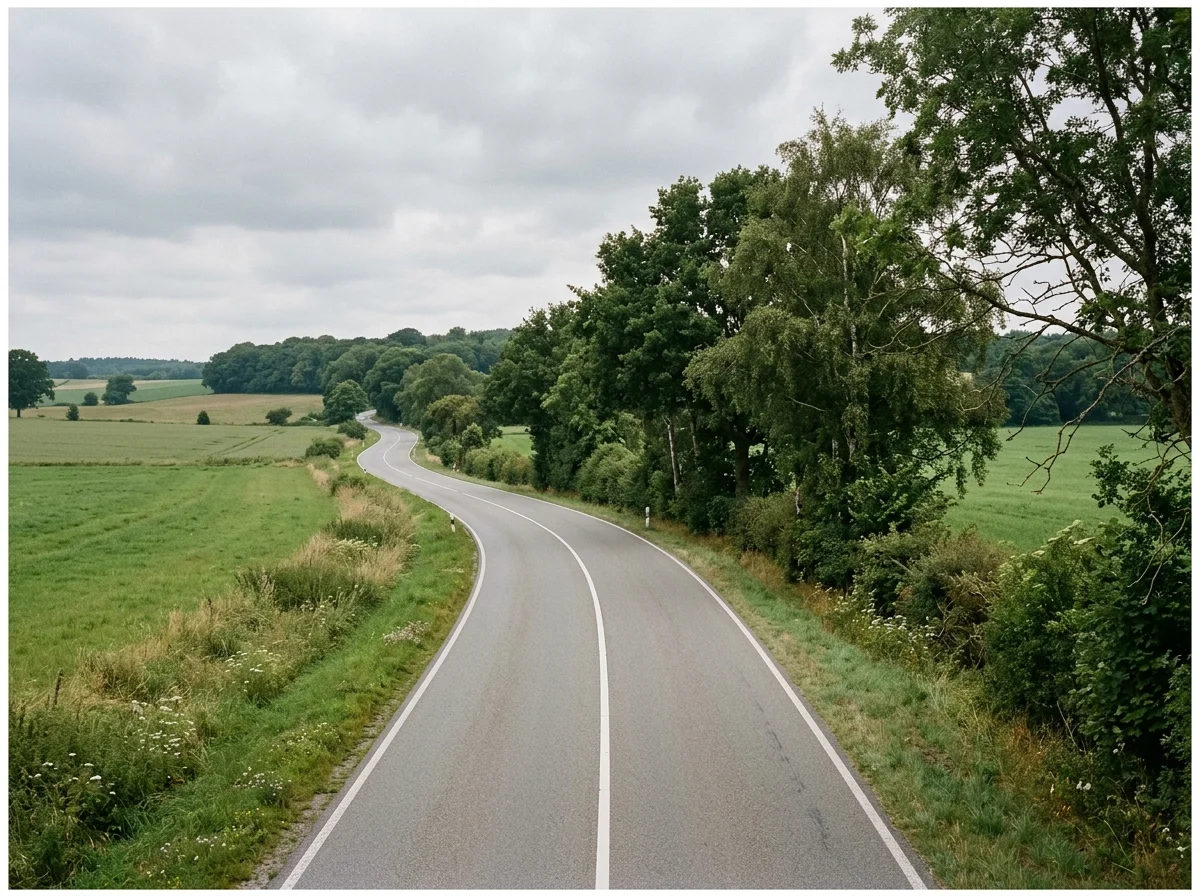 Leere Landstraße zwischen Feldern und Baumreihen